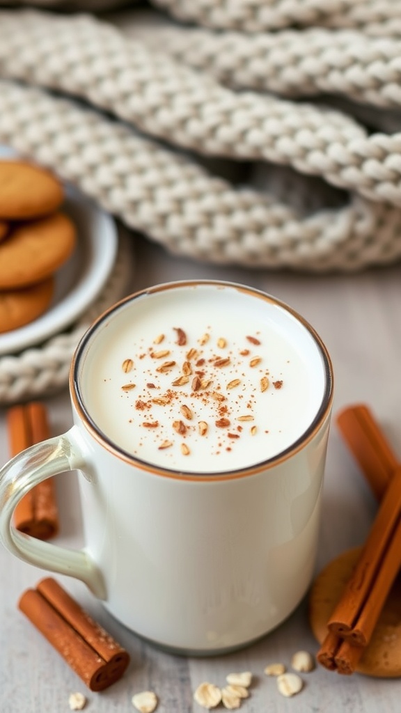 A warm mug of cinnamon spiced oat milk on a cozy blanket, with cookies in the background.